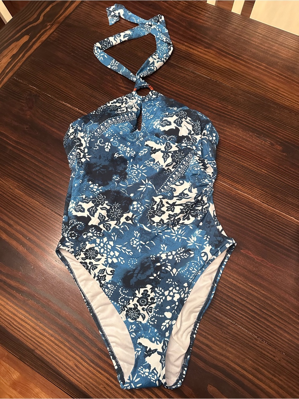 Lauren Ralph Lauren Blue and White Floral Halter One-Piece Swimsuit